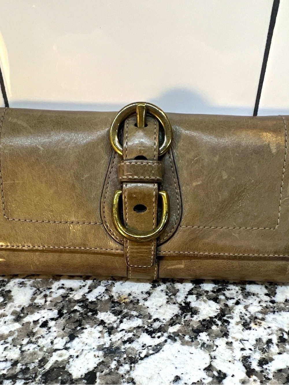 Coach Leather Buckle Wallet in Olive Brown